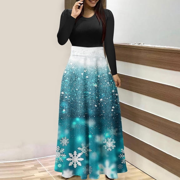 WXLWZYWL Women's Christmas Dresses Casual Vintage Print Round Neck Long Sleeve Dress Outs Fall Winter Dresses Loose Maxi Dresses