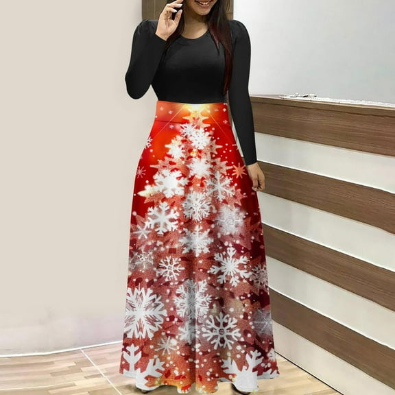 WXLWZYWL Women's Christmas Dresses Casual Vintage Print Round Neck Long Sleeve Dress Outs Fall Winter Dresses Loose Maxi Dresses