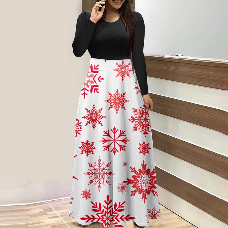 WXLWZYWL Women's Christmas Dresses Casual Vintage Print Round Neck Long  Sleeve Dress Outs Fall Winter Dresses Loose Maxi Dresses - Walmart.com