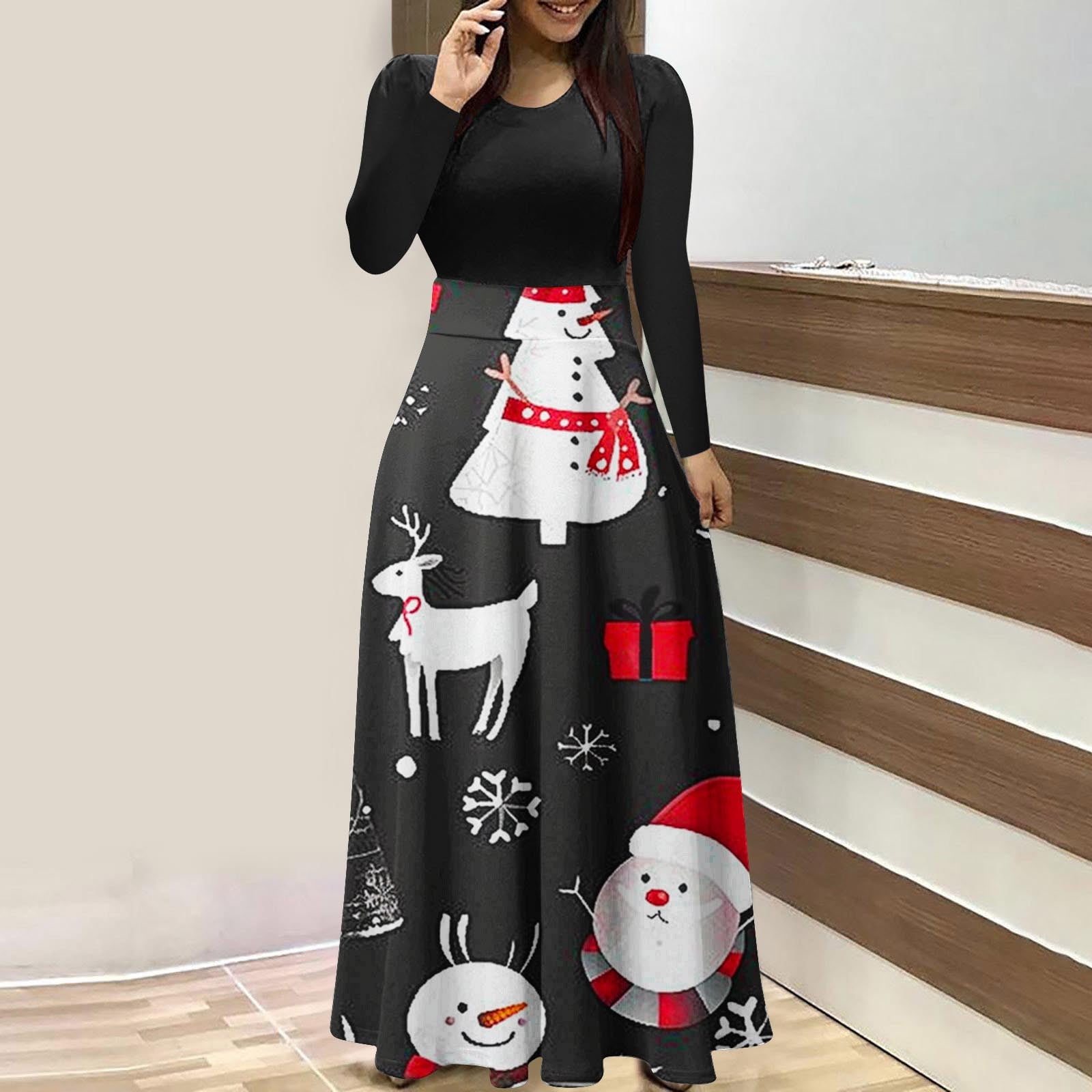 WXLWZYWL Women's Christmas Dresses Casual Vintage Print Round Neck Long Sleeve  Dress Outs Fall Winter Dresses Loose Maxi Dresses - Walmart.com