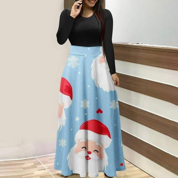 WXLWZYWL Women's Christmas Dresses Casual Vintage Print Round Neck Long Sleeve Dress Outs Fall Winter Dresses Loose Maxi Dresses