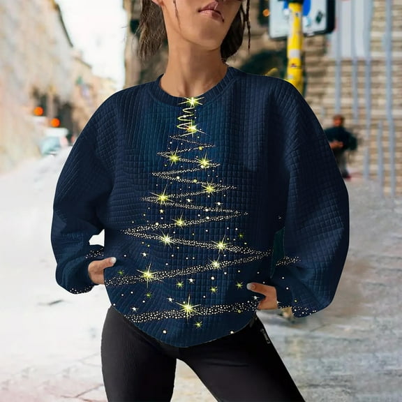 WXLWZYWL Women's Christmas Sweatshirts 2024 Rhinestone 3D Cute Xmas Tree Tops Trendy Crewneck Pullovers Long Sleeve Shirts