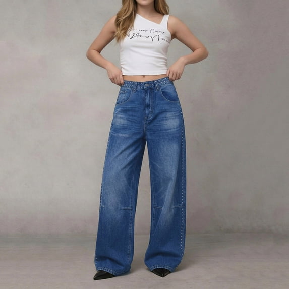 WXLWZYWL Women's Classic High Waisted Wide Leg Jeans Dark Wash Casual Loose Fit Denim Pants for Daily Casual Outfits