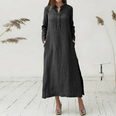WXLWZYWL Women's Cotton Linen Dress Long Sleeve Button Down Casual Waist V Neck Ruffled Maxi Dress with Pocket