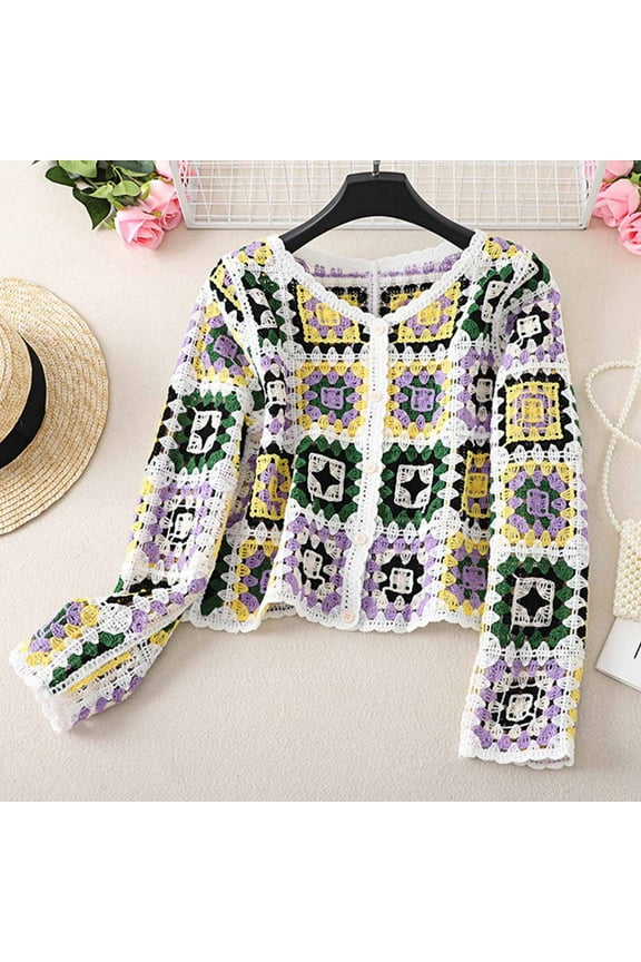 Women's Crochet Knit Cardigan Long Sleeve Floral Embroidery Hollow Out Knitwear Spring Fall Y2K Boho Sweater