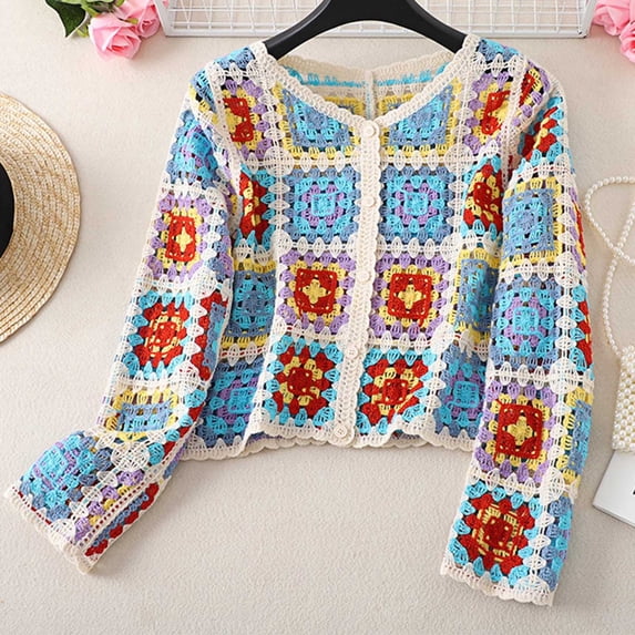 WXLWZYWL Women's Crochet Knit Cardigan Long Sleeve Floral Embroidery Hollow Out Knitwear Spring Fall Y2K Boho Sweater