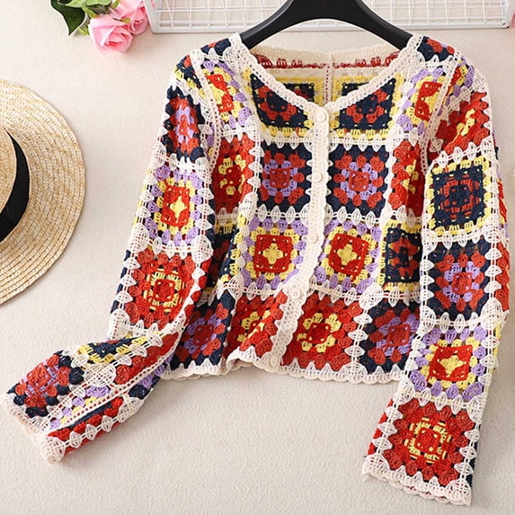 WXLWZYWL Women's Crochet Knit Cardigan Long Sleeve Floral Embroidery Hollow Out Knitwear Spring Fall Y2K Boho Sweater