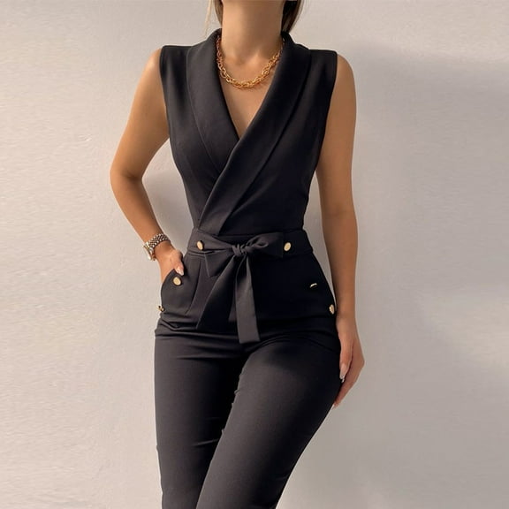 WXLWZYWL Women's Elegant Jumpsuits Dressy V Neck Sleeveless Straight Belted Long Pants One Piece Jumpsuit Button Open Front Blazer and Pant Business Suits Set with Pockets