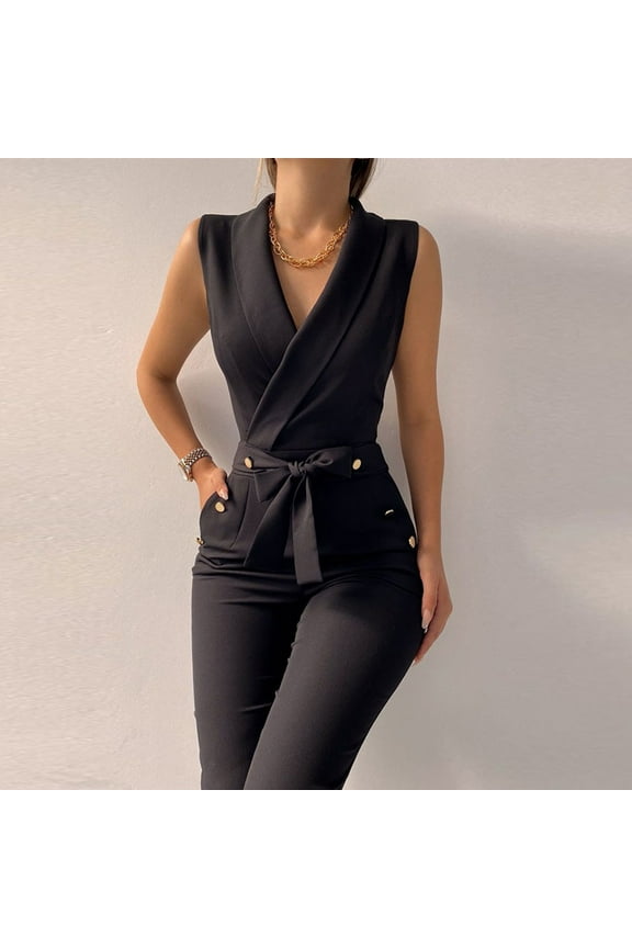 Women's Elegant Jumpsuits Dressy V Neck Sleeveless Straight Belted Long Pants One Piece Jumpsuit Button Open Front Blazer and Pant Business Suits Set with Pockets