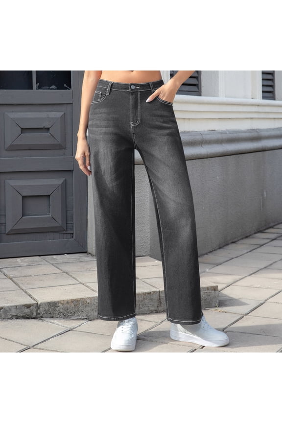 Women's Faded Wash High Waist Straight Leg Jeans Solid Color Casual Denim Pants for Everyday Street Style