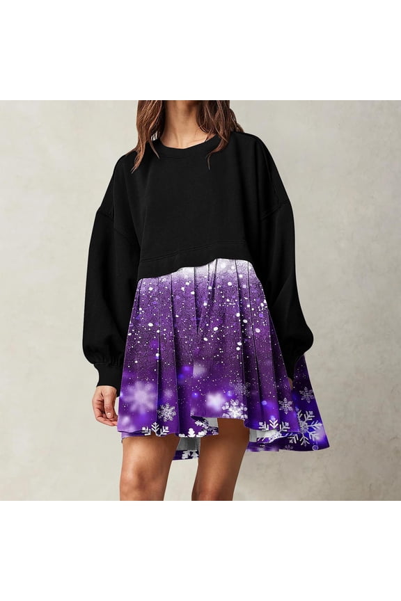 Women's Fall Oversized Sweatshirt Chrismas Dress Pullover Tops Loose Relaxed Fit Sweatshirts Knee Length Mini Pleated Dresses