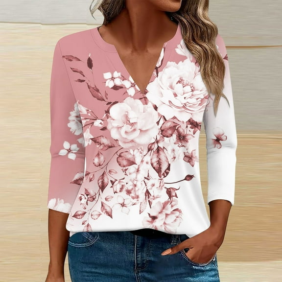 WXLWZYWL Women's Fashion Printed T-shirt 3/4 Sleeves Blouse V-Neck Casual Tops