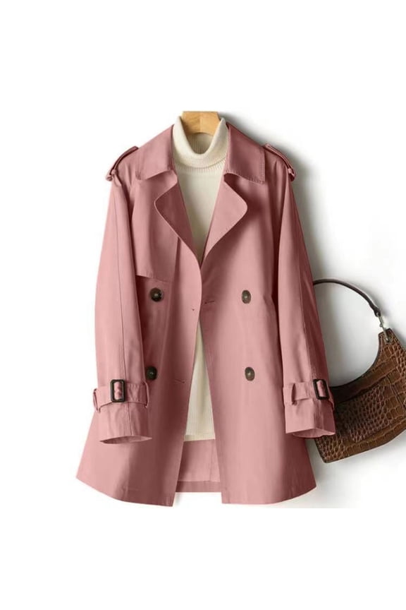 Women's Fashion Trench Coat with Belt Solid Color Long Sleeve Lapel Lightweight Jacket with Buttons