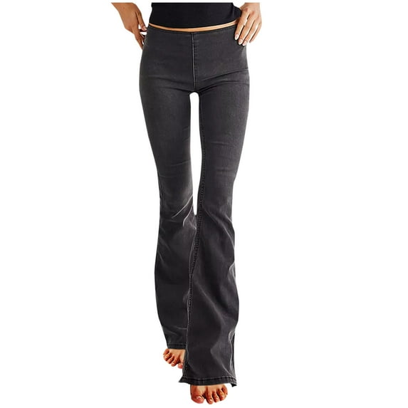 WXLWZYWL Women's Flare Jeans Ladies Elastic Skinny Pull on Flared Bootcut Denim Pant Jeggings Mid Waisted Cotton Bell Bottom Pants Comfy Flare Fold Over Yoga Gym Workout Leggings