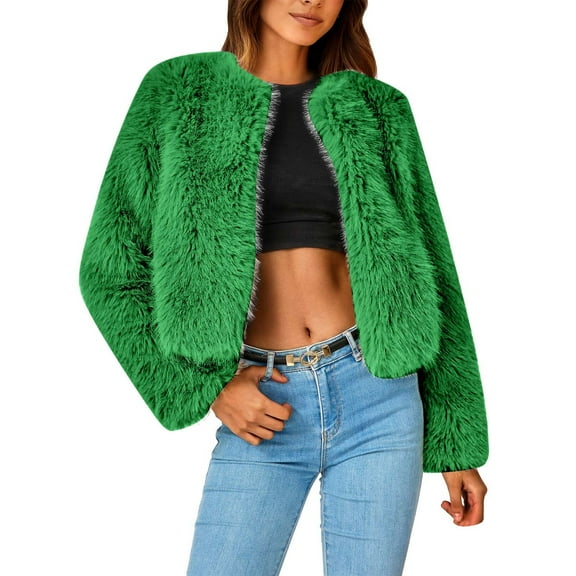 WXLWZYWL Women's Fleece Winter Coats Cropped Jacket Faux Fur Long Sleeve Pockets Shaggy Warm Outerwear Fall Clothes