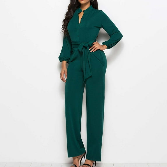 WXLWZYWL Women's Formal Plus Size Elegant Jumpsuit Dressy - Long Chiffon Sleeves, Wide-Leg Design, Perfect for Evening & Office Wear Jumpsuits V Neck Long Sleeve Pants Romper