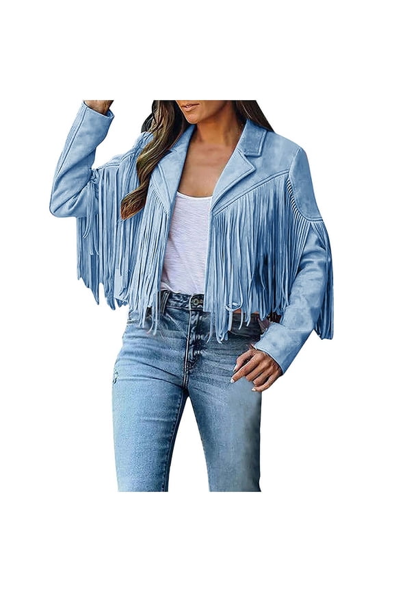 Women's Fringe Faux Suede Leather Jackets - Suede Faux Motocycle Biker Cropped Coat Vegan Blazer Pleather Fashion Tassel