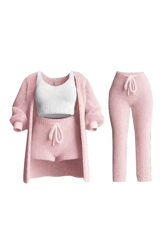 Women's Fuzzy 3 Piece Lounge Sets, Cozy 4-Piece Fleece Warm Set Cardigan Crop Top Shorts Pajamas Loungewear Outfits