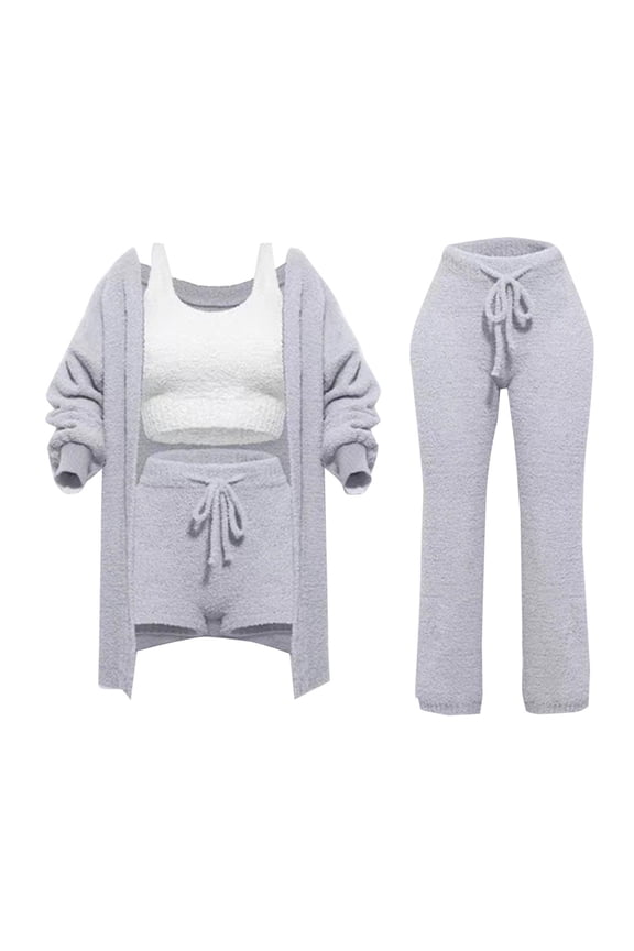 Women's Fuzzy 3 Piece Lounge Sets, Cozy 4-Piece Fleece Warm Set Cardigan Crop Top Shorts Pajamas Loungewear Outfits