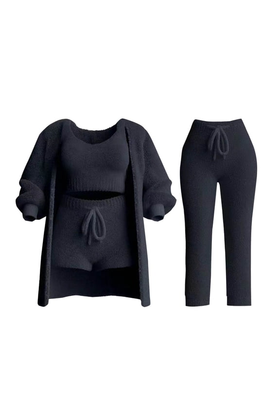 Women's Fuzzy 3 Piece Lounge Sets, Cozy 4-Piece Fleece Warm Set Cardigan Crop Top Shorts Pajamas Loungewear Outfits