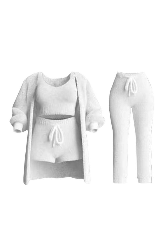 Women's Fuzzy 3 Piece Lounge Sets, Cozy 4-Piece Fleece Warm Set Cardigan Crop Top Shorts Pajamas Loungewear Outfits