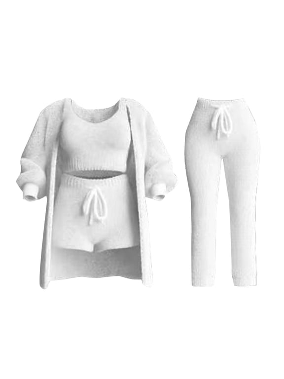 Women's Fuzzy 3 Piece Lounge Sets, Cozy 4-Piece Fleece Warm Set Cardigan Crop Top Shorts Pajamas Loungewear Outfits