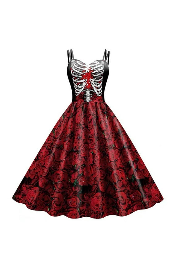 Women's Halloween Costume A-line Dress with Skull & Spider Web Print, Shoulder Straps, High-Waisted Spooky Skirt