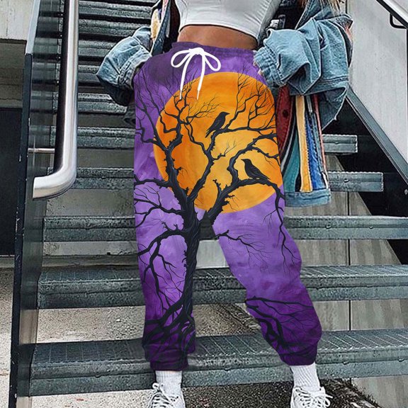 WXLWZYWL Women's Halloween Pants Cinch Bottom Pants Loose Fit Casual Sweatpants Bat Print Lounge Pants with Pocket