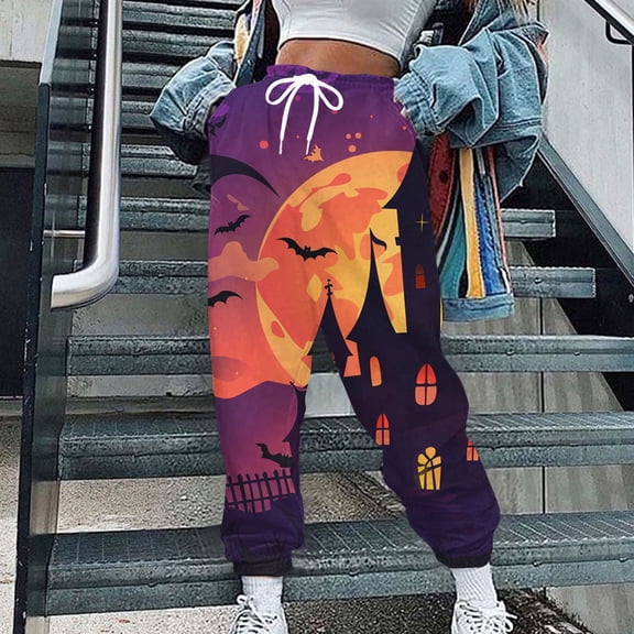 WXLWZYWL Women's Halloween Pants Cinch Bottom Pants Loose Fit Casual Sweatpants Bat Print Lounge Pants with Pocket