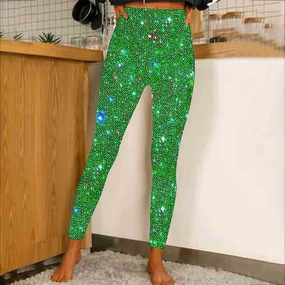 WXLWZYWL Women's High Waist Sparkly Pants Glitter Slim Straight Leg Full Length Shiny Leggings Party Clubwear Printed Yoga Pants with Pockets Tummy Control Compression Leggings