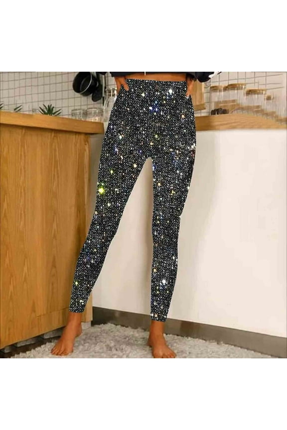 Women's High Waist Sparkly Pants Glitter Slim Straight Leg Full Length Shiny Leggings Party Clubwear Printed Yoga Pants with Pockets Tummy Control Compression Leggings