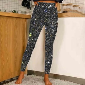 WXLWZYWL Women's High Waist Sparkly Pants Glitter Slim Straight Leg Full Length Shiny Leggings Party Clubwear Printed Yoga Pants with Pockets Tummy Control Compression Leggings