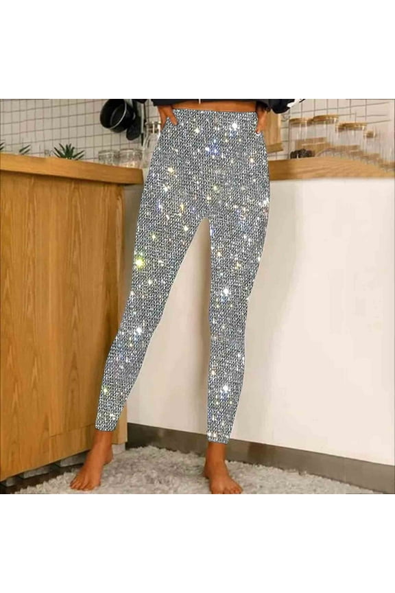 Women's High Waist Sparkly Pants Glitter Slim Straight Leg Full Length Shiny Leggings Party Clubwear Printed Yoga Pants with Pockets Tummy Control Compression Leggings