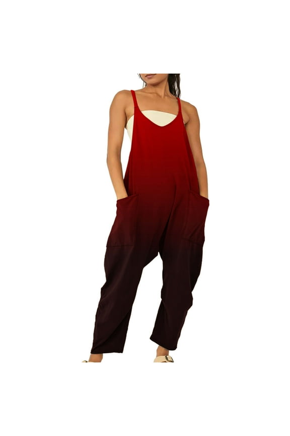Women's Jumpsuits Summer V Neck Sleeveless Overalls Stretchy Adjustable Spaghetti Strap Romper with Pockets 2024 Loose Fit Overalls Wide Leg Jumpsuit Harem Bib Overalls