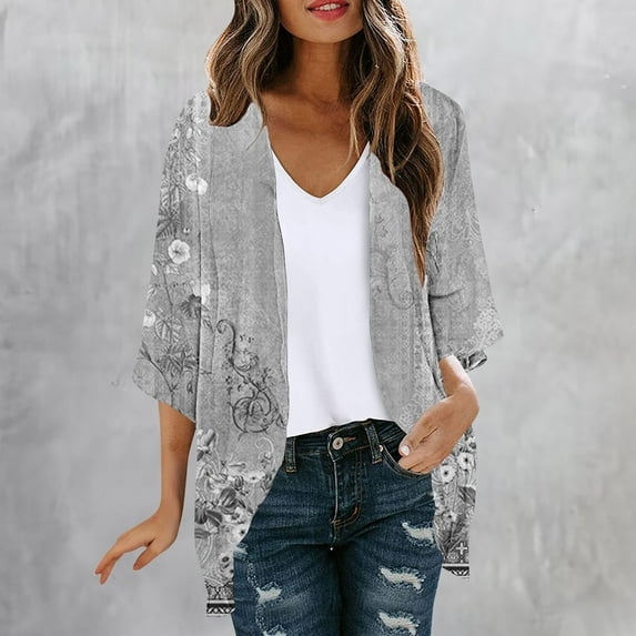 WXLWZYWL Women's Kimono Cardigan Loose Cover Up Casual Blouse Tops Floral Print 3/4 Sleeve Open Front Cardigans Lightweight Flowy