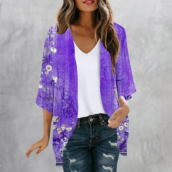 WXLWZYWL Women's Kimono Cardigan Loose Cover Up Casual Blouse Tops Floral Print 3/4 Sleeve Open Front Cardigans Lightweight Flowy