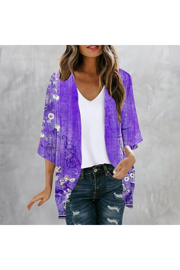 Women's Kimono Cardigan Loose Cover Up Casual Blouse Tops Floral Print 3/4 Sleeve Open Front Cardigans Lightweight Flowy