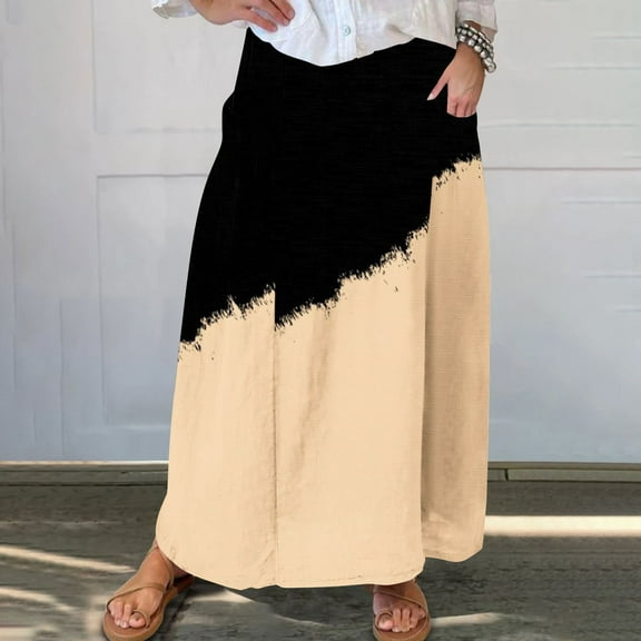 WXLWZYWL Women's Linen Maxi Skirt with Pockets - Floral Print Casual Elastic Waistband Flared Long Skirt 2024 Fall Fashion