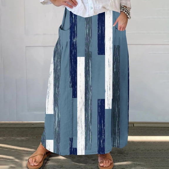 WXLWZYWL Women's Linen Maxi Skirt with Pockets - Floral Print Casual Elastic Waistband Flared Long Skirt 2024 Fall Fashion
