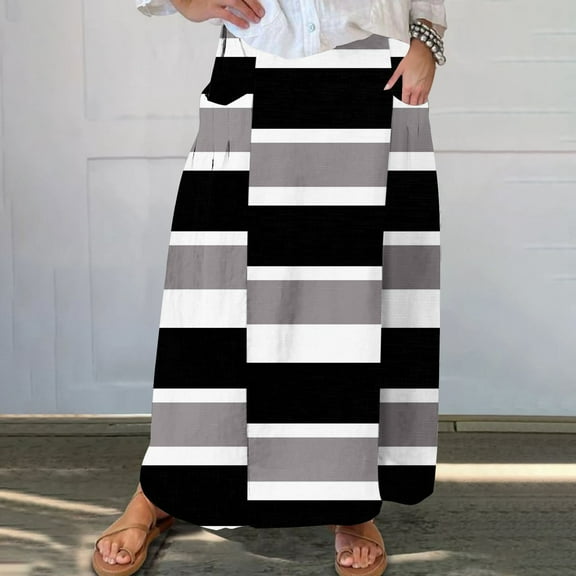 WXLWZYWL Women's Linen Maxi Skirt with Pockets - Floral Print Casual Elastic Waistband Flared Long Skirt 2024 Fall Fashion