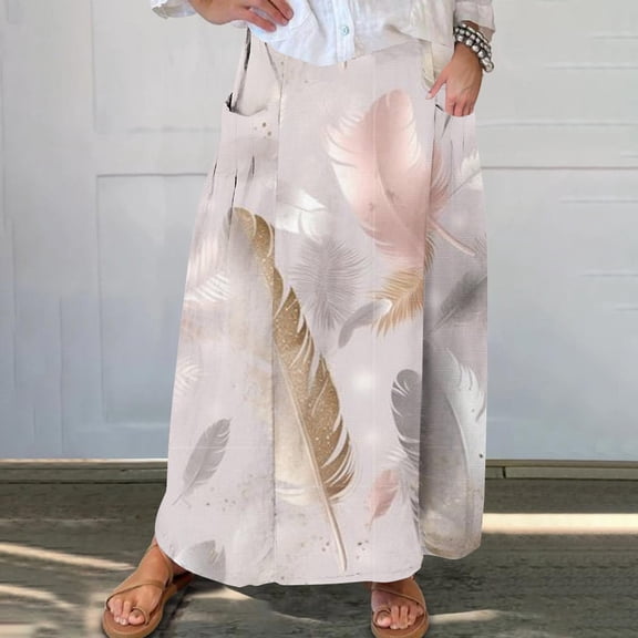 WXLWZYWL Women's Linen Maxi Skirt with Pockets - Floral Print Casual Elastic Waistband Flared Long Skirt 2024 Fall Fashion