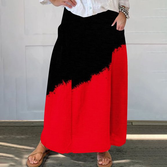 WXLWZYWL Women's Linen Maxi Skirt with Pockets - Floral Print Casual Elastic Waistband Flared Long Skirt 2024 Fall Fashion