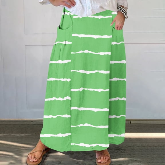 WXLWZYWL Women's Linen Maxi Skirt with Pockets - Floral Print Casual Elastic Waistband Flared Long Skirt 2024 Fall Fashion