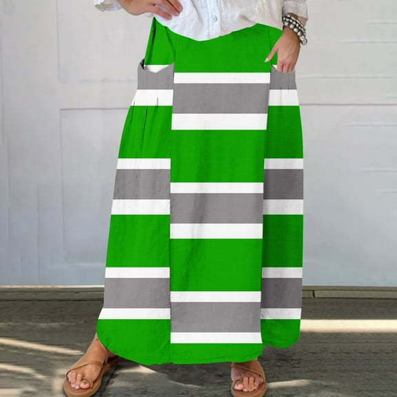 WXLWZYWL Women's Linen Maxi Skirt with Pockets - Floral Print Casual Elastic Waistband Flared Long Skirt 2024 Fall Fashion