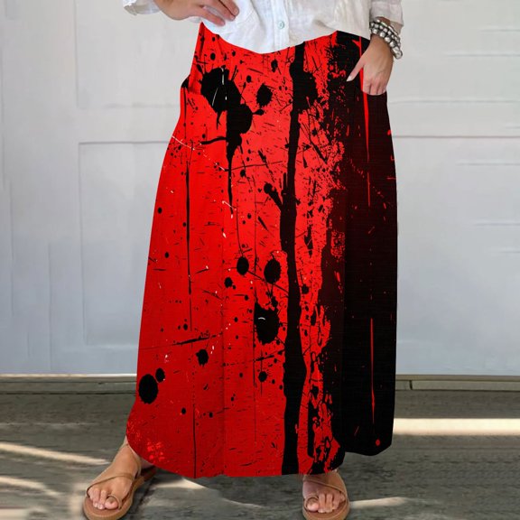 WXLWZYWL Women's Linen Maxi Skirt with Pockets - Floral Print Casual Elastic Waistband Flared Long Skirt 2024 Fall Fashion