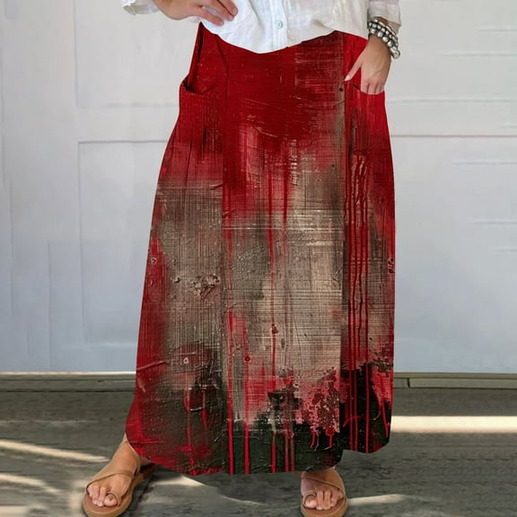 WXLWZYWL Women's Linen Maxi Skirt with Pockets - Floral Print Casual Elastic Waistband Flared Long Skirt 2024 Fall Fashion