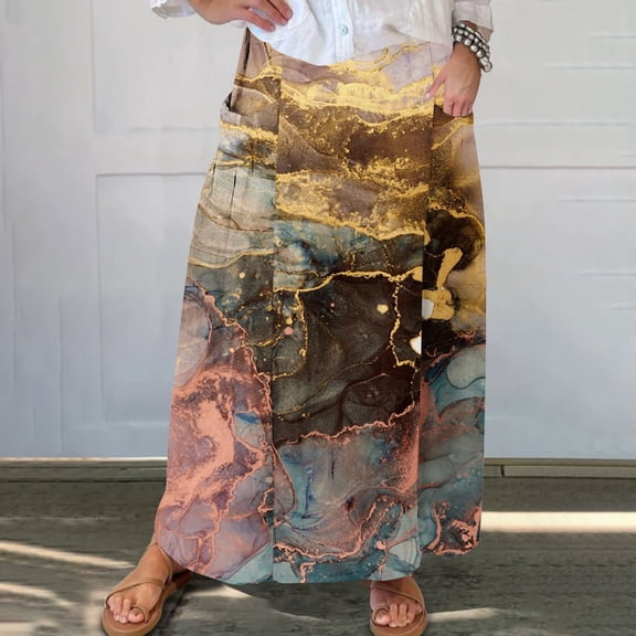 WXLWZYWL Women's Linen Maxi Skirt with Pockets - Floral Print Casual Elastic Waistband Flared Long Skirt 2024 Fall Fashion