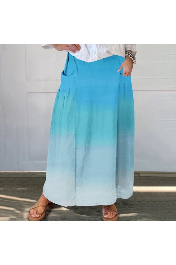 Women's Linen Maxi Skirt with Pockets - Floral Print Casual Elastic Waistband Flared Long Skirt 2024 Fall Fashion