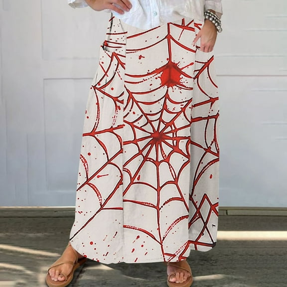 WXLWZYWL Women's Linen Maxi Skirt with Pockets - Floral Print Casual Elastic Waistband Flared Long Skirt 2024 Fall Fashion