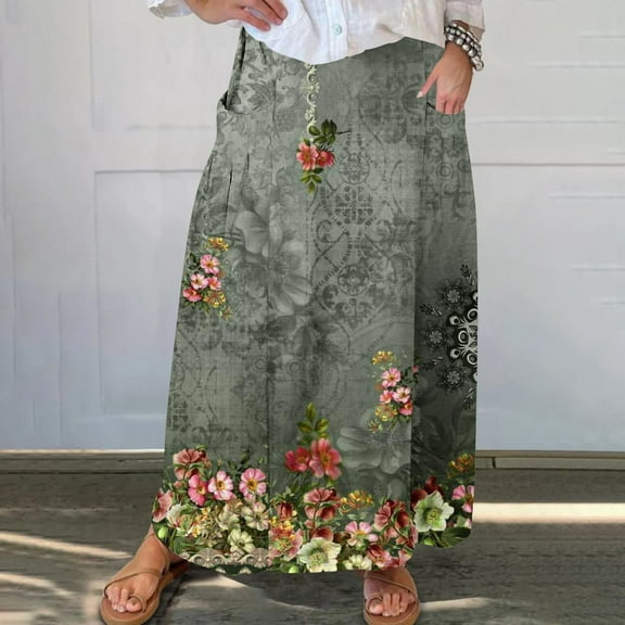 WXLWZYWL Women's Linen Maxi Skirt with Pockets - Floral Print Casual Elastic Waistband Flared Long Skirt 2024 Fall Fashion